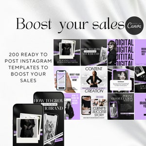 May include: A collage of nine Instagram post templates with a purple and black color scheme. The templates feature text about growing your business, creating content, and boosting your sales. The text "Boost your sales" is at the top of the image.