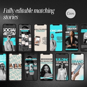 Puede incluir: Una colecci&oacute;n de nueve plantillas de historias de Instagram con un esquema de color blanco y negro y acentos turquesa. Las plantillas presentan texto como "Redes sociales", "Instagram Mi portafolio", "Estrategia impulsada por resultados", "Volverse viral", "Creaci&oacute;n de contenido", "C&oacute;mo crecer en las redes sociales", "Por qu&eacute; contratar una agencia de marketing digital", "Consulta de marketing gratuita", "Construir redes sociales" y "Estrategia de marca".