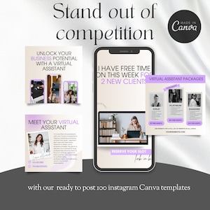 Pode incluir: Um modelo de postagem no Instagram roxo e branco para um neg&oacute;cio de assistentes virtuais. O modelo apresenta uma tela de telefone com o texto "Tenho tempo livre esta semana para 2 novos clientes" e um chamado para a&ccedil;&atilde;o para "Reservar seu hor&aacute;rio". O modelo tamb&eacute;m inclui uma tabela de pre&ccedil;os para pacotes de assistentes virtuais com as op&ccedil;&otilde;es "Ouro", "Platina" e "Diamante".