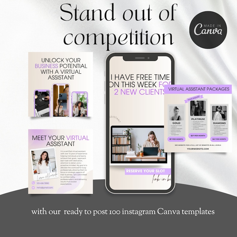 Pode incluir: Um modelo de postagem no Instagram roxo e branco para um neg&oacute;cio de assistentes virtuais. O modelo apresenta uma tela de telefone com o texto "Tenho tempo livre esta semana para 2 novos clientes" e um chamado para a&ccedil;&atilde;o para "Reservar seu hor&aacute;rio". O modelo tamb&eacute;m inclui uma tabela de pre&ccedil;os para pacotes de assistentes virtuais com as op&ccedil;&otilde;es "Ouro", "Platina" e "Diamante".