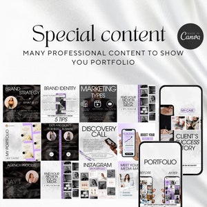 May include: A collage of social media post templates for a business or brand. The templates are black and white with purple accents and feature text such as "Brand Strategy", "Marketing Types", "Find Your Niche in Social Media", "Boost Your Business", "Client's Success Story", and "Agency Process".