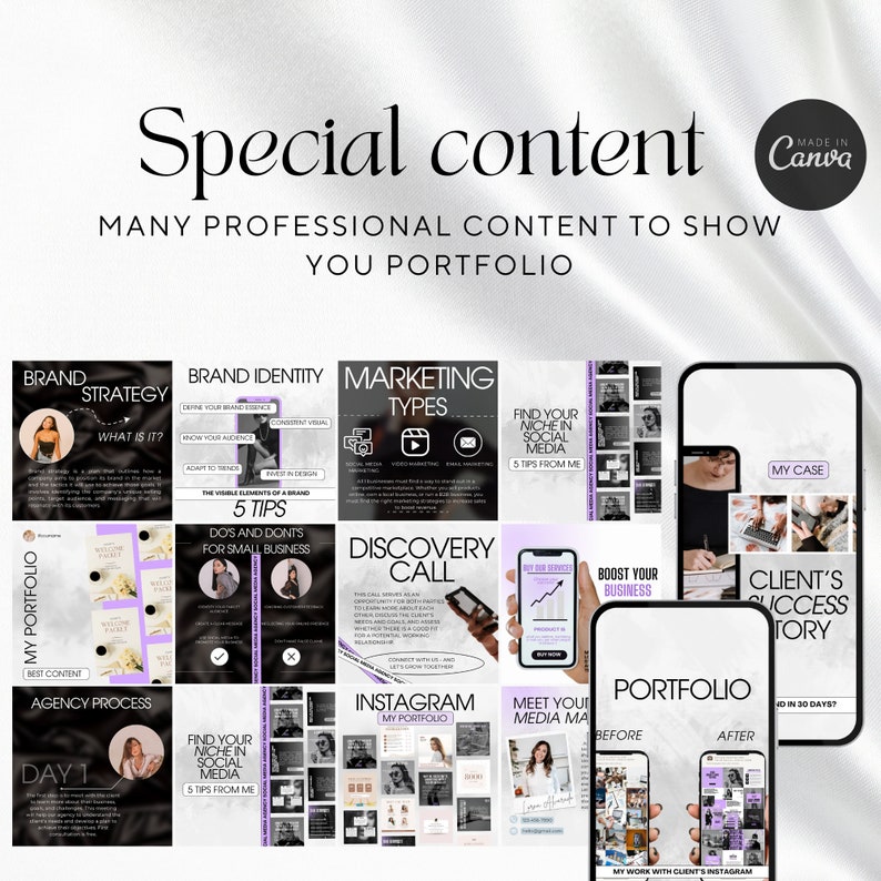 May include: A collage of social media post templates for a business or brand. The templates are black and white with purple accents and feature text such as "Brand Strategy", "Marketing Types", "Find Your Niche in Social Media", "Boost Your Business", "Client's Success Story", and "Agency Process".