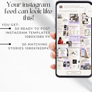 Pode incluir: Uma tela de telefone exibindo uma cole&ccedil;&atilde;o de 50 modelos do Instagram e 50 hist&oacute;rias correspondentes para um neg&oacute;cio de assistente virtual. Os modelos est&atilde;o em um esquema de cores rosa claro e marrom com texto que diz "Assistente Virtual" e "Contrate um Assistente Virtual Hoje!" O telefone est&aacute; sendo segurado por uma m&atilde;o.