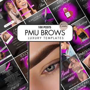 Microblading Instagram Templates, PMU Brows Instagram Templates, PMU Instagram canva Posts, Permanent Makeup Templates neon pink