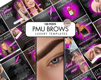 Microblading Instagram Templates, PMU Brows Instagram Templates, PMU Instagram canva Posts, Permanent Makeup Templates neon pink