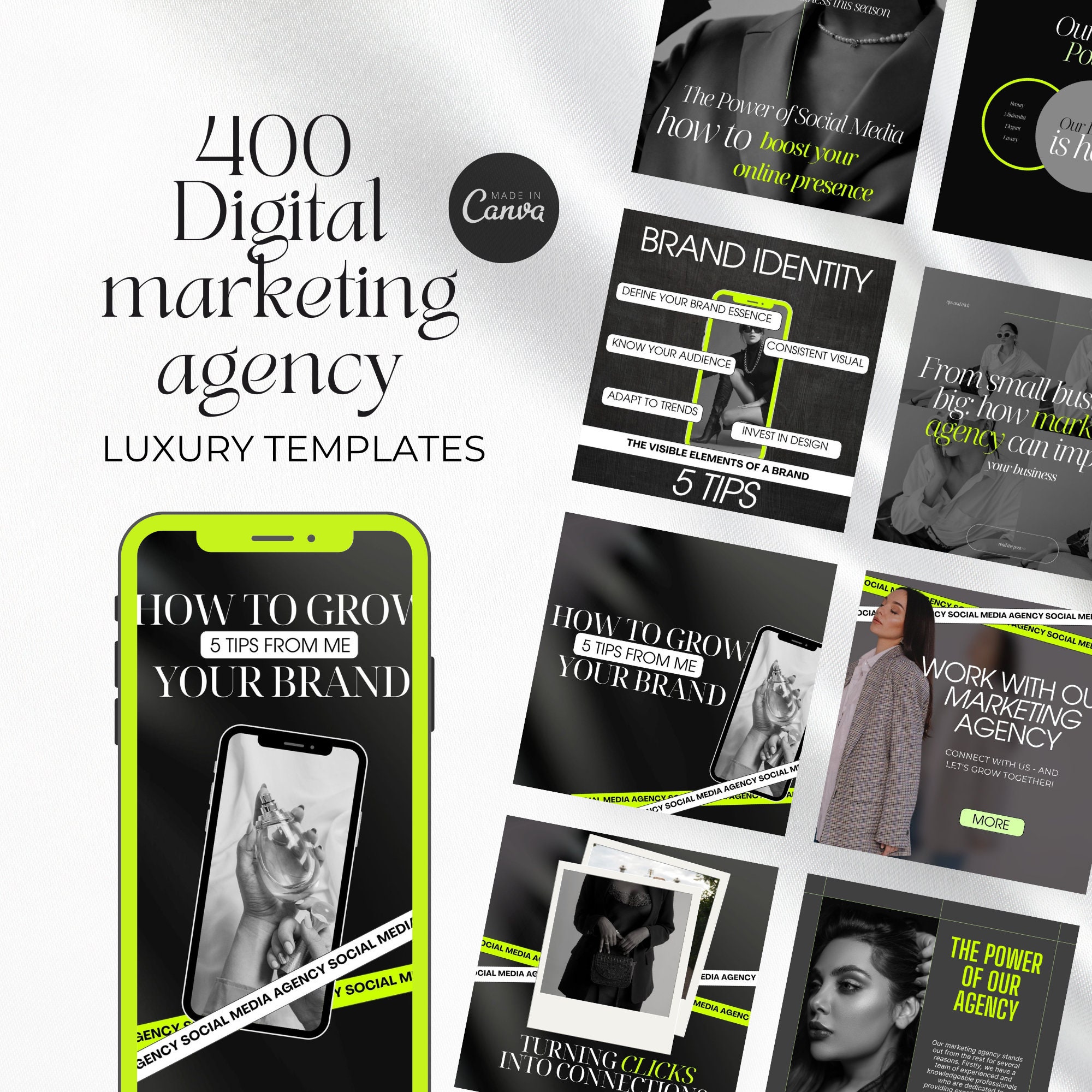 400 Digital Marketing Agency Social Media Post Canva Marketing agency | Marketing bundle, branding kit| Marketing Template instagram neon