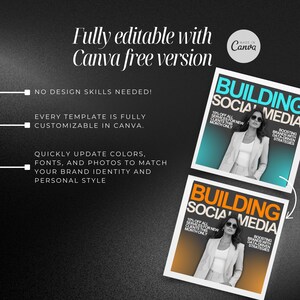 Puede incluir: Dos plantillas de marketing en redes sociales con un fondo degradado azul y naranja. El texto "Building Social Media" est&aacute; en blanco con un contorno negro. El texto "10% de descuento en todos los servicios para clientes nuevos este mes solamente" est&aacute; en blanco. El texto "Impulsar marcas con estrategias basadas en datos" est&aacute; en negro. Una mujer aparece en cada plantilla.