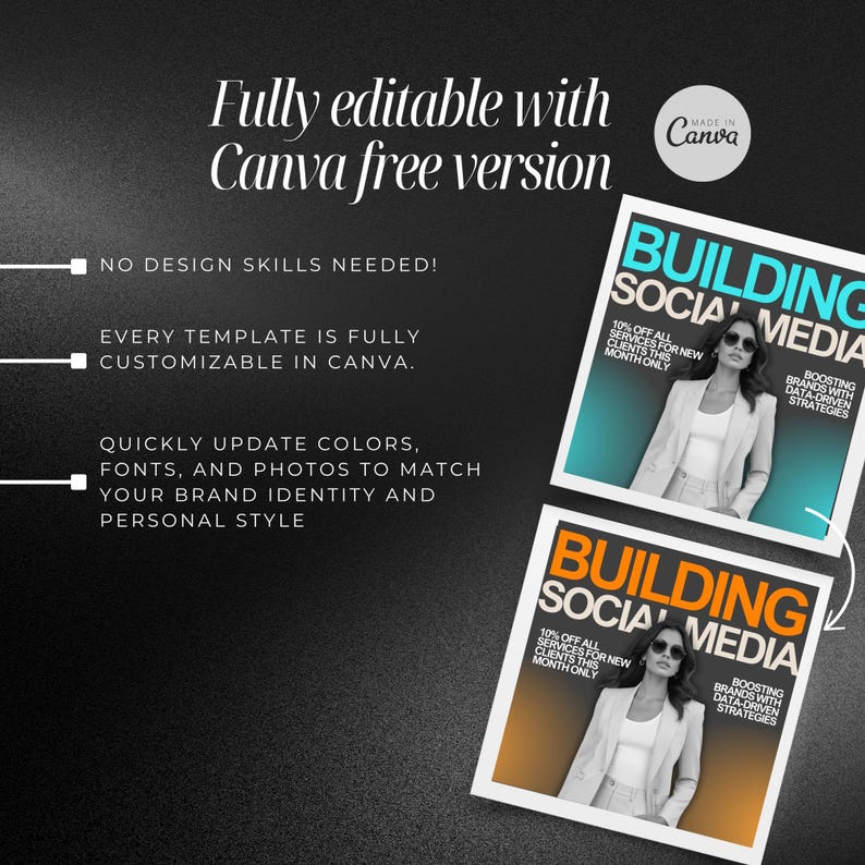 Puede incluir: Dos plantillas de marketing en redes sociales con un fondo degradado azul y naranja. El texto "Building Social Media" est&aacute; en blanco con un contorno negro. El texto "10% de descuento en todos los servicios para clientes nuevos este mes solamente" est&aacute; en blanco. El texto "Impulsar marcas con estrategias basadas en datos" est&aacute; en negro. Una mujer aparece en cada plantilla.