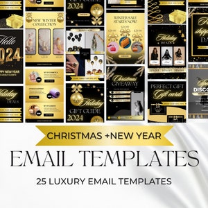 Könnte beinhalten: Eine Sammlung von 25 luxuriösen E-Mail-Vorlagen für Weihnachten und Neujahr. Die Vorlagen haben einen schwarzen Hintergrund mit goldenen Akzenten und festlichen Bildern, darunter Ornamente, Geschenkboxen und Weihnachtsgrüße.