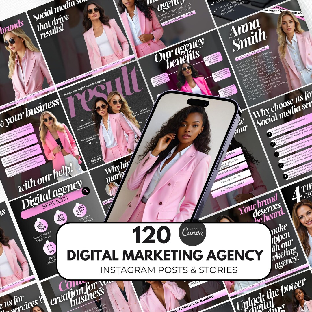 120 Digital Marketing Agency Social Media Posts Canva Pink | Social ...