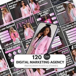 May include: A collage of 120 Instagram posts and stories for a digital marketing agency. The images feature a woman in a pink suit, text overlays, and a pink and black colour scheme. The text includes "Digital Marketing Agency", "Our agency benefits", "Why choose us for your Social media services", and "Your brand deserves to be heard."