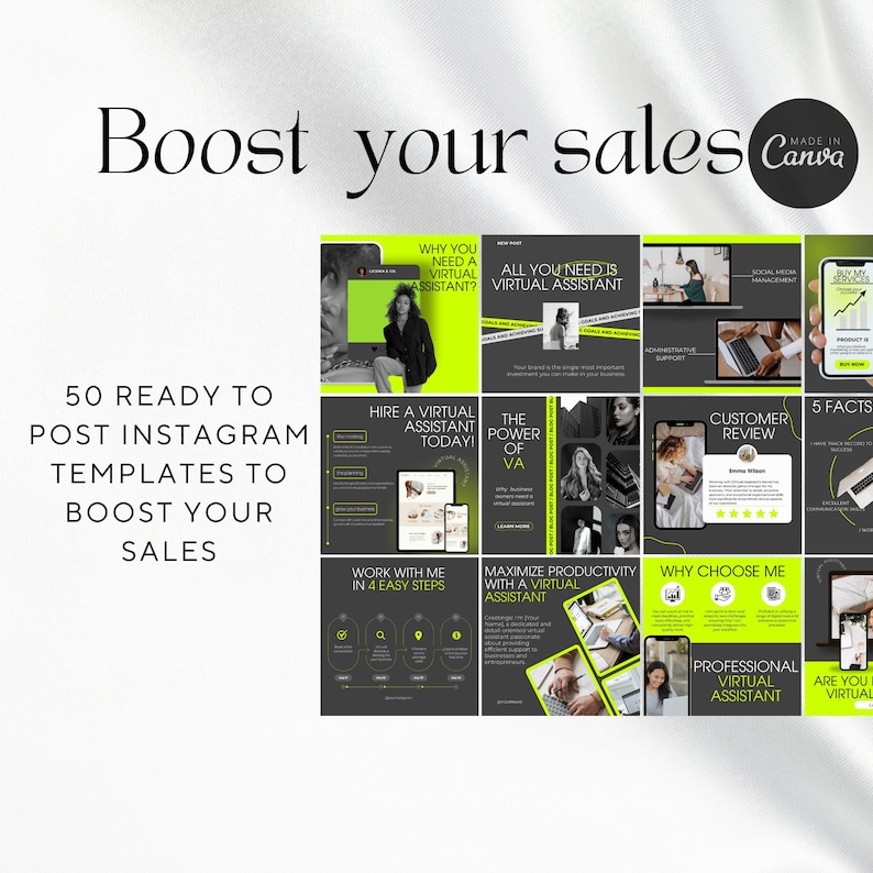 K&ouml;nnte beinhalten: Eine Collage aus 12 Instagram-Post-Vorlagen mit einem schwarzen und gr&uuml;nen Farbschema. Die Vorlagen enthalten Text wie "Boost your sales", "Hire a virtual assistant today", "The power of VA", "Work with me in 4 easy steps", "Maximize productivity with a virtual assistant", "Why choose me", "Professional virtual assistant", and "Are you virtual".