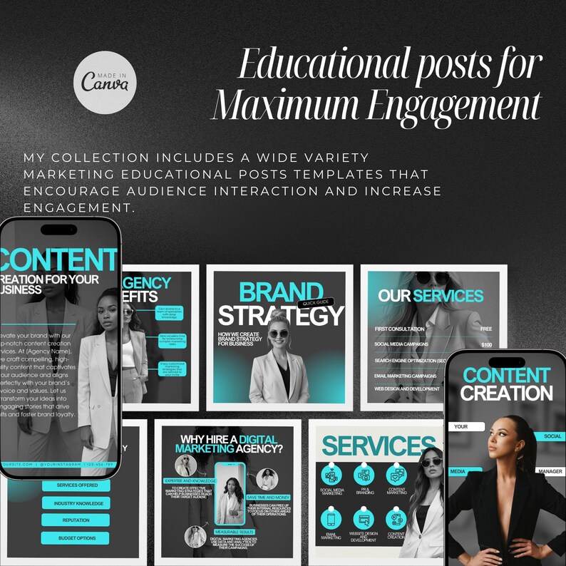 Puede incluir: Una colecci&oacute;n de plantillas de publicaciones en redes sociales para agencias de marketing digital. Las plantillas presentan un esquema de color negro y turquesa con texto que incluye "Creaci&oacute;n de contenido", "Estrategia de marca", "Beneficios de la agencia", "Nuestros servicios", "&iquest;Por qu&eacute; contratar una agencia de marketing digital?" y "Servicios".