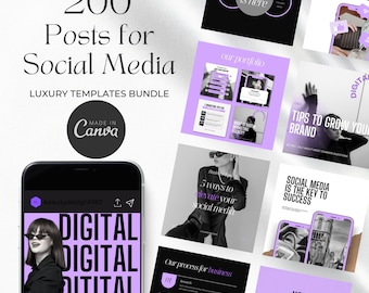 200 Digital Marketing Agency Social Media Posts Canva purple | Marketing bundle, branding kit| Marketing Template instagram