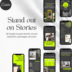 K&ouml;nnte beinhalten: Eine Sammlung von Telefonbildschirm-Mockups mit Text&uuml;berlagerungen, die virtuelle Assistentendienste bewerben. Der Text enth&auml;lt "Stand out on Stories", "Why you need a virtual assistant?", "About me", "Why choose me", "Are you looking for a virtual assistant?", "Hire a virtual assistant today", "I have free time this week for 2 new clients", "Unlock your business potential with a virtual assistant", and "Profession virtual assistant".