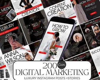May include: A collage of 200 digital marketing Instagram posts and stories. The images are in black and white with red accents. The text includes "How to Grow Your Social", "Work with Our Marketing Agency", "Luxury Social Media Manager", and "200 Digital Marketing".