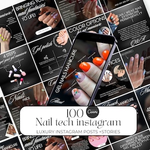 100 Nail tech instagram template, Nail Technician social media posts, nail artist Canva Template, nail salon instagram stories
