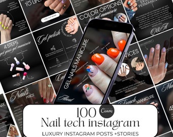 100 Nail tech instagram template, Nail Technician social media posts, nail artist Canva Template, nail salon instagram stories