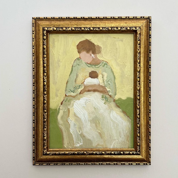 Mother and Baby Oil Painting: Boho Woman Portrait Art