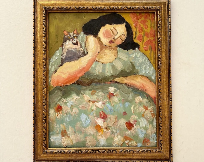 Featured listing image: Sleeping Girl with Cat – Original Oil Painting 8x10, Cozy Dreamy Wall Art