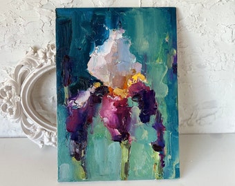 Iris Painting Floral Original Art Abstract Blue Flowers Small Oil Impasto Pallete Knife Artwork Home Wall Art 6,5 by 10" by DiyaSanat