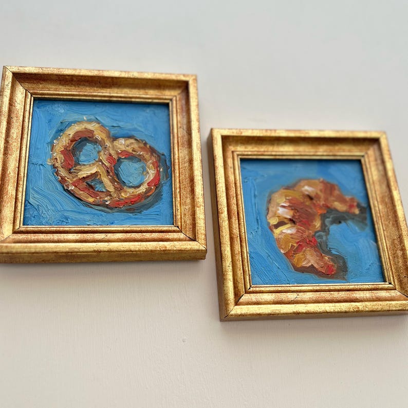 Diptych Wall Art,croissant Oil Painting,pretzel Gold Framed Artwork
