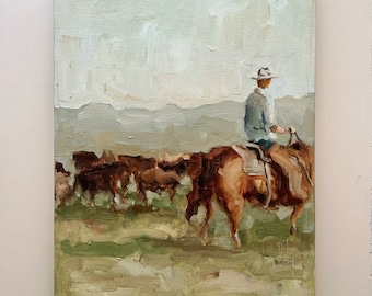 Original Cowboy & Horse Oil Painting: Ranch Canvas Wall Art