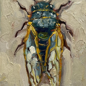 May include: Oil painting of a cicada insect. The insect has a dark teal head and body, with yellow and blue wings. The artwork is painted with thick brushstrokes on a light beige background.