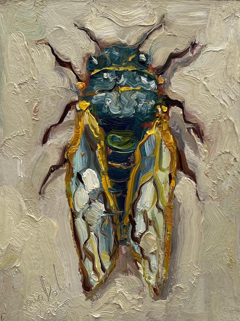 May include: Oil painting of a cicada insect. The insect has a dark teal head and body, with yellow and blue wings. The artwork is painted with thick brushstrokes on a light beige background.
