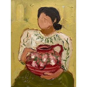 Obra de arte de mujer con jarra, arte original semiabstracto, pintura al óleo de retrato de mujer, bellas artes de estilo boho, arte minimalista de DiyaSanat