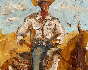 Cowboy on Horse Oil Painting: Handmade Ranch Wall Art