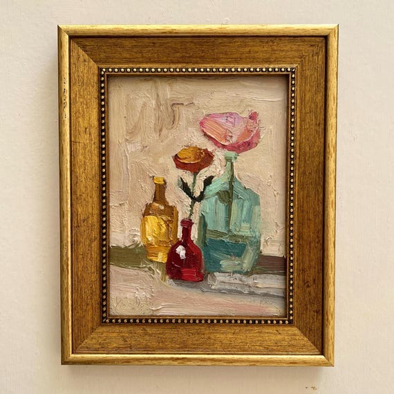 Framed Peony Painting: Impasto Floral Art, Semi Abstract Artwork