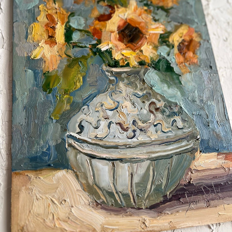 Sunflowers Painting Flowers in the Vase Oil Painting Semi Abstract Impasto Sunflowers Artwork by DiyaSanat image 2