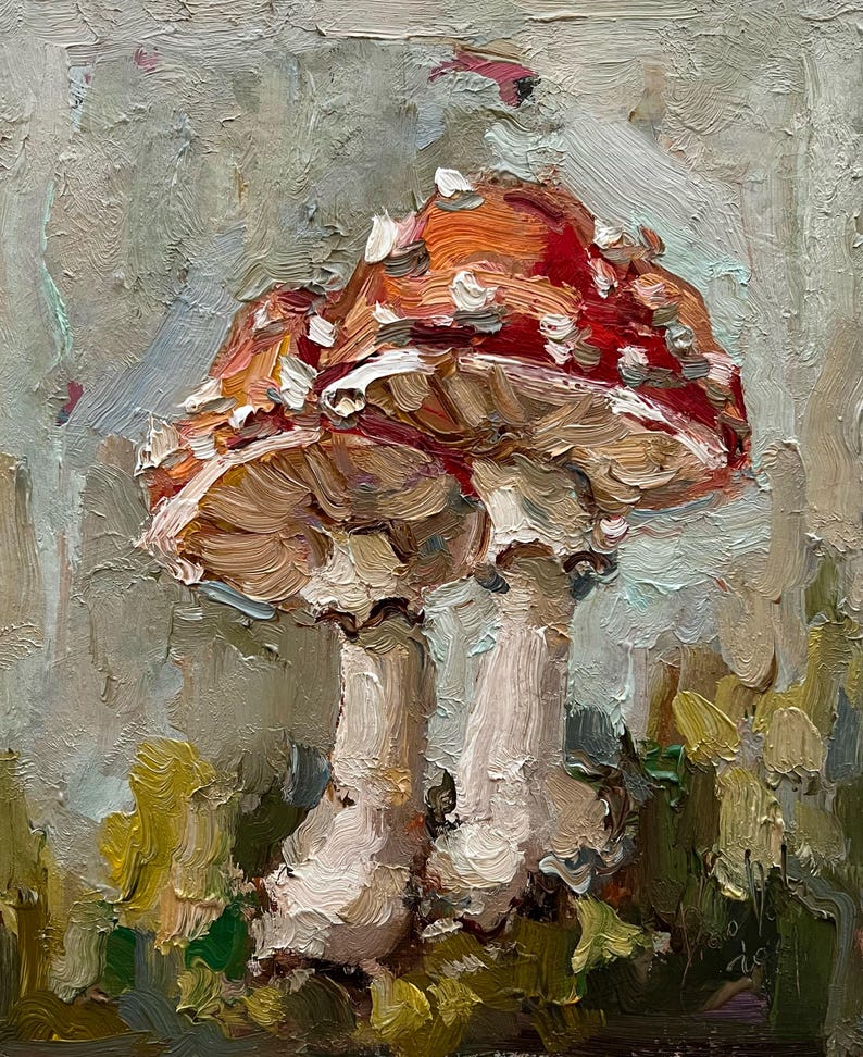 May include: An oil painting featuring two mushrooms with thick, textured brushstrokes. The caps are a vibrant red with white spots, while the stems are a pale cream color. The background consists of muted gray and green tones with visible paint texture.