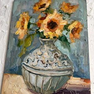 Sunflowers Painting Flowers in the Vase Oil Painting Semi Abstract Impasto Sunflowers Artwork by DiyaSanat image 3