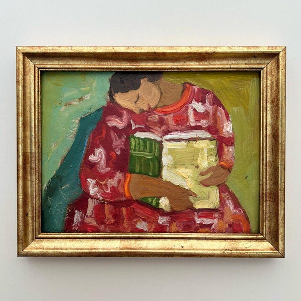 Original Oil Painting: Woman with Book, Semi-Abstract Portrait Art