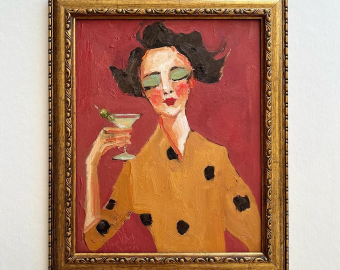 Featured listing image: The Girl With the Martini Oil Painting: Woman Portrait Art