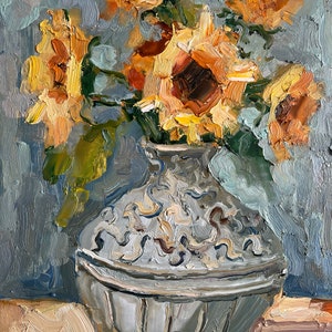 Sunflowers Painting Flowers in the Vase Oil Painting Semi Abstract Impasto Sunflowers Artwork by DiyaSanat image 6