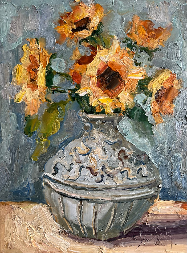 Sunflowers Painting Flowers in the Vase Oil Painting Semi Abstract Impasto Sunflowers Artwork by DiyaSanat image 6