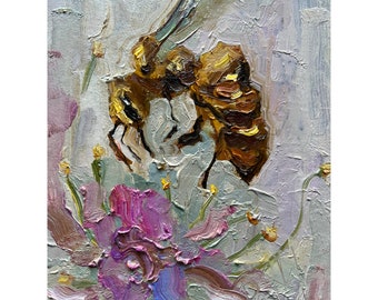 Bee Painting Original Semi Abstract Artwork Bee Oil Painting Bee Wall Art 6 by 8" by DiyaSanat