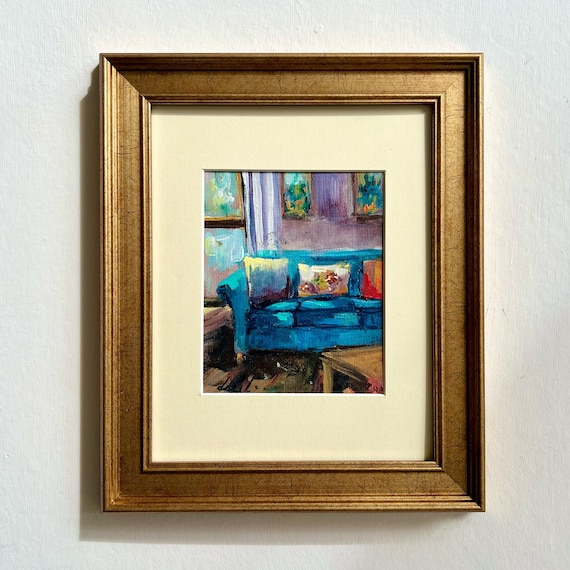 Cozy Armchair Interior Painting – Original Small Oil Artwork, Warm Home Decor, Framed Mini Art