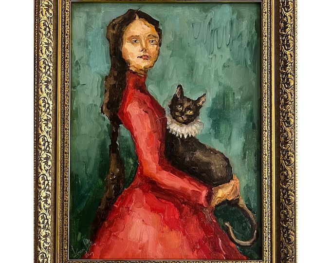 Featured listing image: Woman with Cat Artwork Portrait Semi Abstract Original Art Oil Painting Woman Contemporary Portrait by DiyaSanat