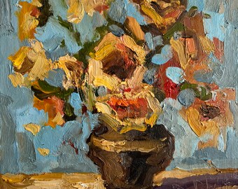 Sunflowers Painting Flowers in the Vase Oil Painting Semi Abstract Impasto Sunflowers Artwork 8 by 8" by DiyaSanat