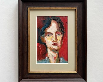 Small Portrait Study – Mini Original Oil Painting 6x4, Expressive Face on Cardboard