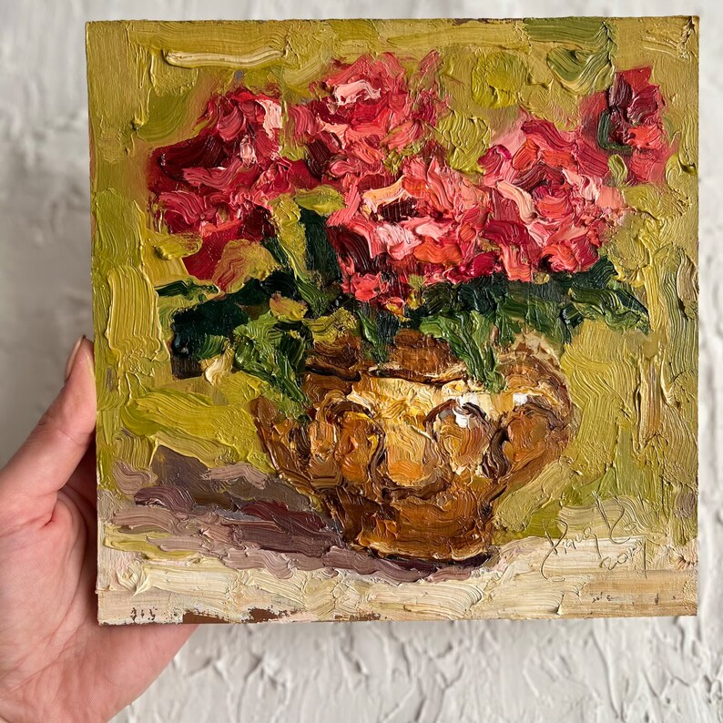 Roses Painting Floral Original Art Peonies Impasto Painting Flowers Semi Abstract Painting Impasto Peony 3d painting 8 by 8 by DiyaSanat image 2