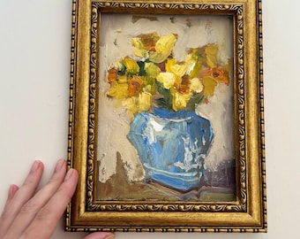 Original Daffodil Oil Painting: Impasto Floral Still Life Art