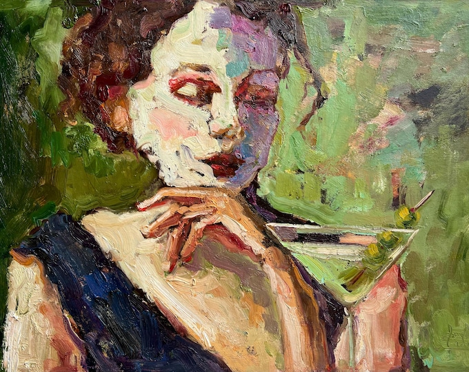 Featured listing image: The Girl With the Martini Oil Painting: Woman Portrait Art