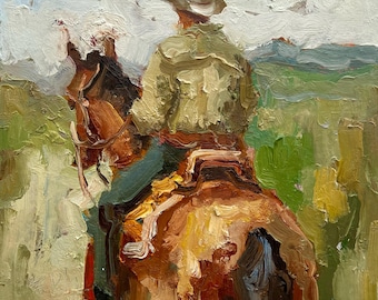 Original Cowboy Oil Painting: Ranch Wall Art, Fine Art by DiyaSanat