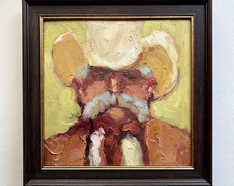 Cowboy with White Mustache Original Oil Painting — DIYASANAT Western Collection