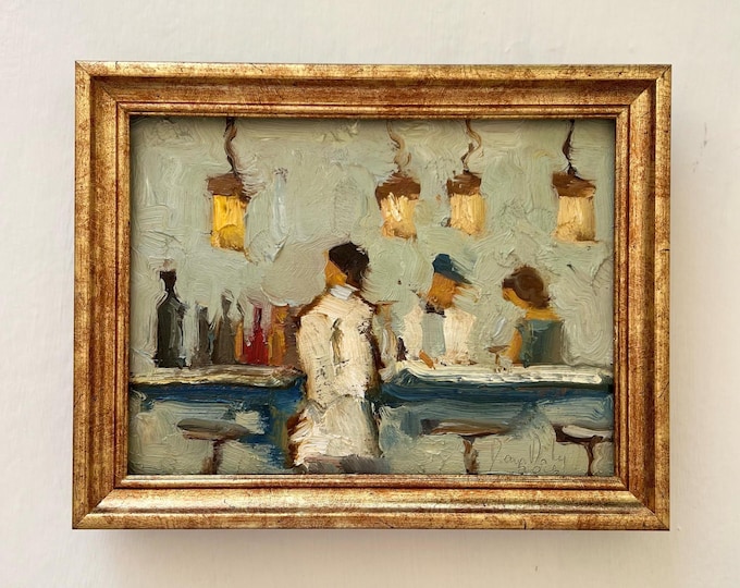 Featured listing image: Cocktail Bar Oil Painting – Impressionist Night Bar Scene, Martini Lounge Wall Art